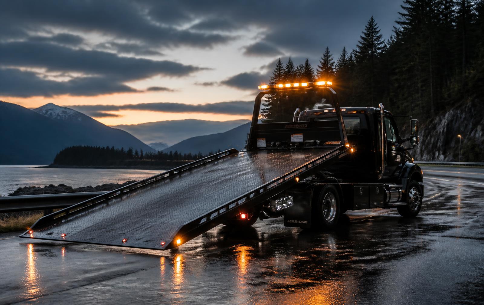 Black flatbed tow truck with its deck tilted down on a wet British Columbia highway at dusk